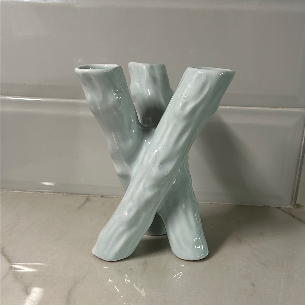 Vintage Camark Pottery Twisted Bamboo Triple Bud Vase light teal mint